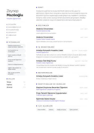 Felsefe Öğretmeni CV Örnekleri cv indir